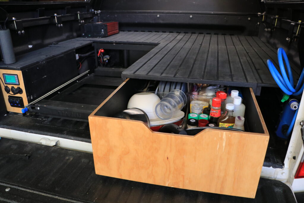 DIY dual cab ute tub canopy setup drawer build for touring truck bed. Fitout plan with a camping kitchen, canopy pantry.