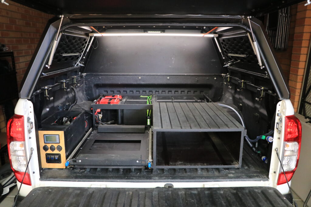 DIY dual cab ute tub canopy drawer build setup for touring truck bed. Fitout plan with a camping kitchen, canopy pantry.