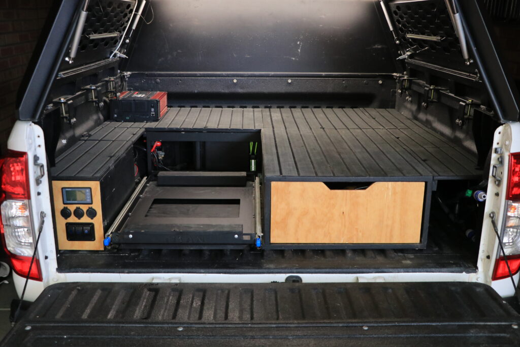 DIY dual cab ute tub canopy setup drawer build for touring truck bed. Fitout plan with a camping kitchen, canopy pantry.