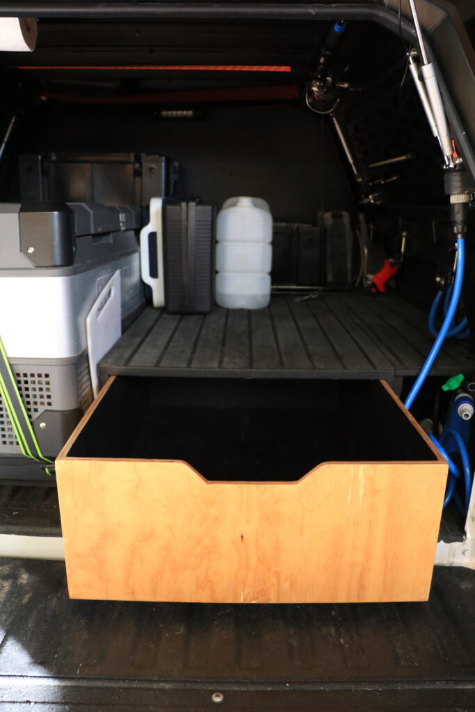 DIY dual cab ute tub canopy drawer build setup for touring truck bed. Fitout plan with a camping kitchen, canopy pantry.