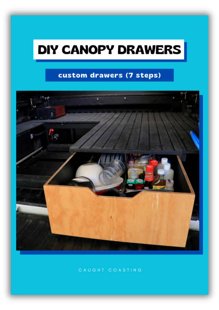 Build a DIY ute canopy drawer setup for touring with a ute tub or truck bed. The plan was to fitout with a camping canopy kitchen, pull out canopy pantry with a diy ute drawer setup.  The easiest drawer ideas in a canopy camping touring setup.